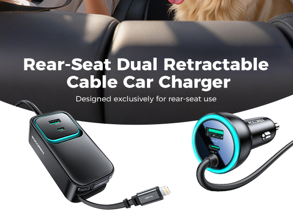 Text reads 'Rear-Seat Dual Retractable Cable Car Charger' and 'Designed exclusively for rear-seat use'. Product shows black car charger with illuminated blue elements and retractable cable.