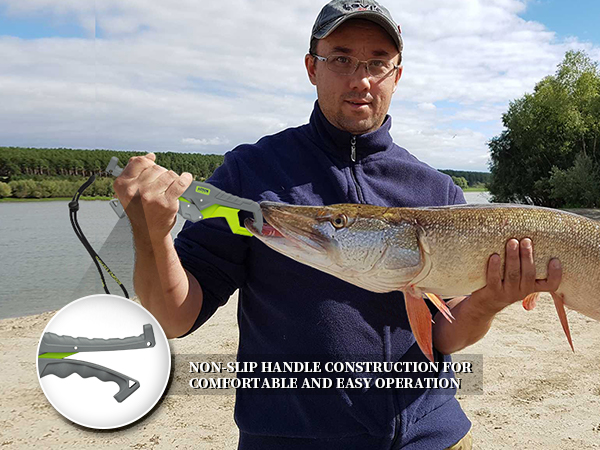 Person holding large fish with fishing rod. Inset image shows non-slip handle construction for comfortable and easy operation.