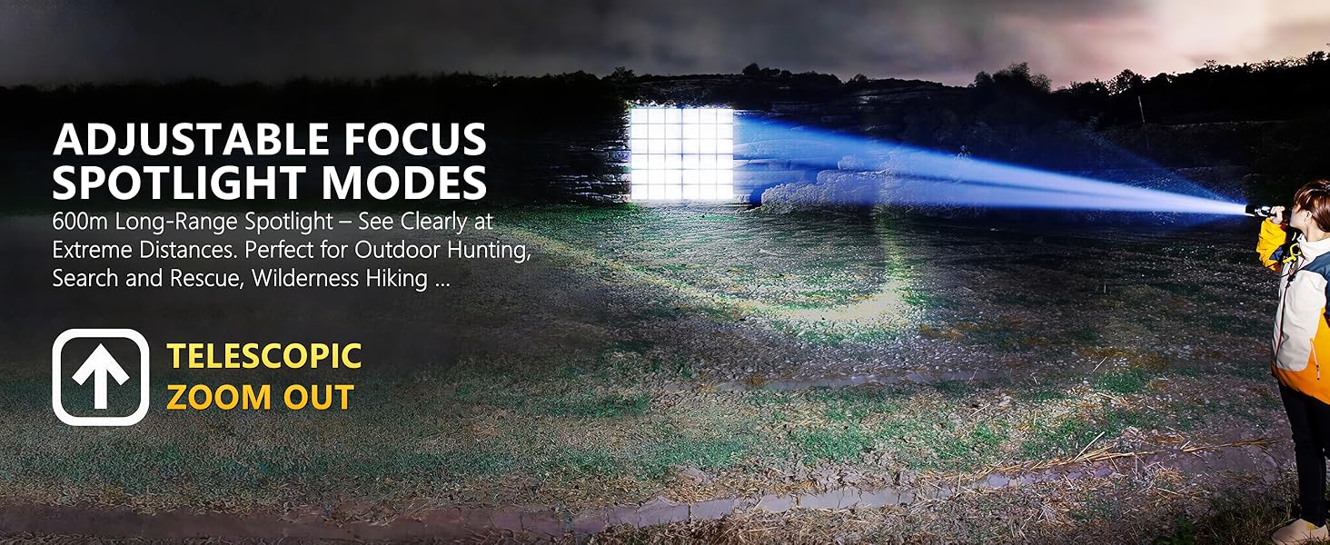 600m Long-Range Spotlight – See clearly at extreme distances (ideal for hunting/search &amp;amp; rescue)