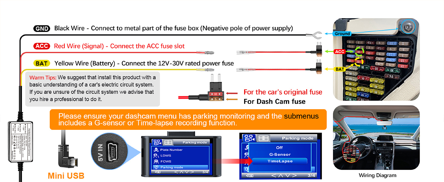 Range Tour Dash Cam Hardwire Kit Mini USB Port, 5V/2.5A (also suitable for 1- 2A)