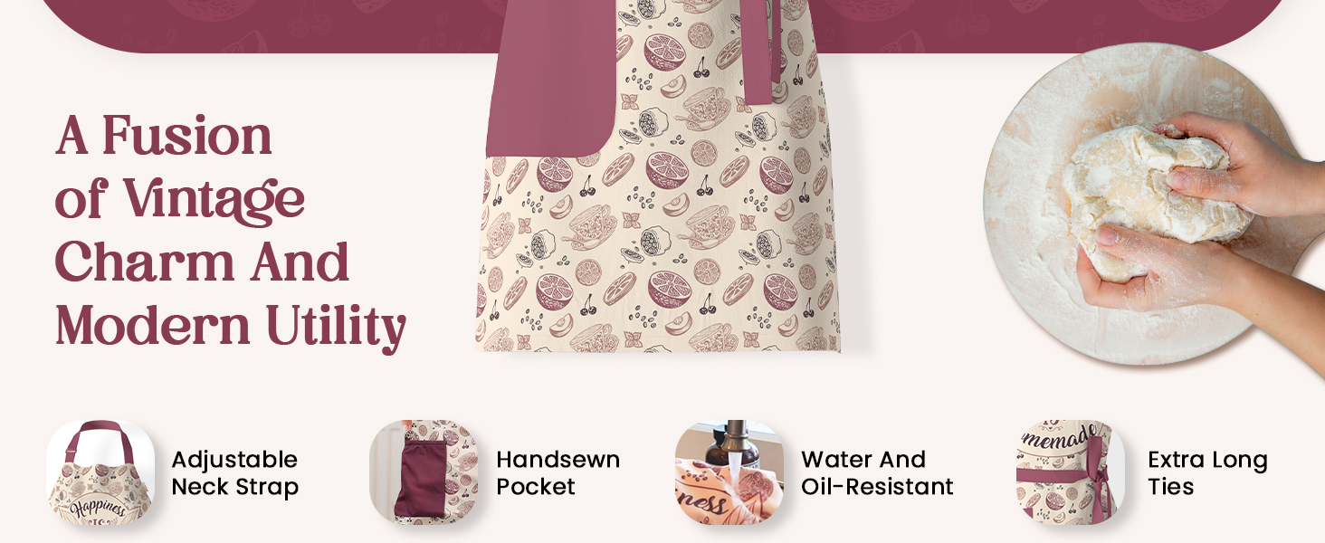 Vintage-style kitchen apron with handsewn pocket and water-resistant fabric for women.