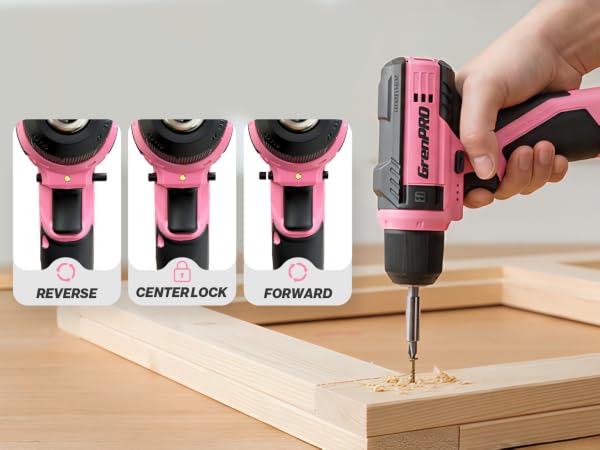 Cordless drill, showcasing forward/reverse rotation switch with center lock function