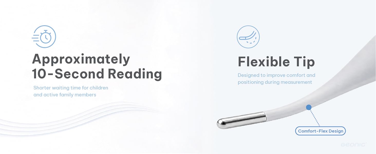 GEONIC B127 digital thermometer featuring a flexible tip, fever alert, and easy-to-read display.