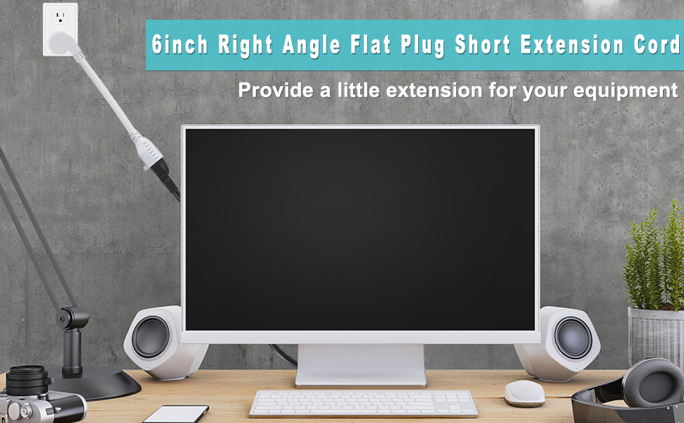 Flat Plug Extension Cord 3 Prong Grounded Wire Short Angle Power Cord Black