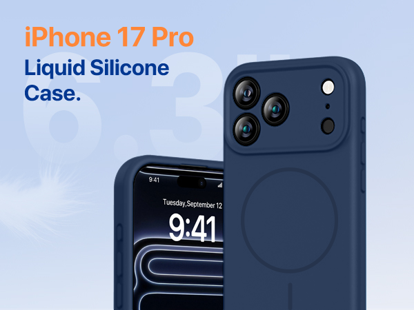 Text reads 'iPhone 17 Pro Liquid Silicone Case.' Multiple product views of a smartphone case showing protective features and camera cutouts.