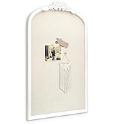 Bulletin Board with Linen, Vintage Arch Framed Pin Board – 19 x 31 White Cork Board for Walls, Wh...