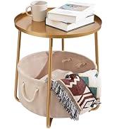 danpinera Gold Side Table, Small Round Side Table with Fabric Storage Basket, Metal Side Table fo...