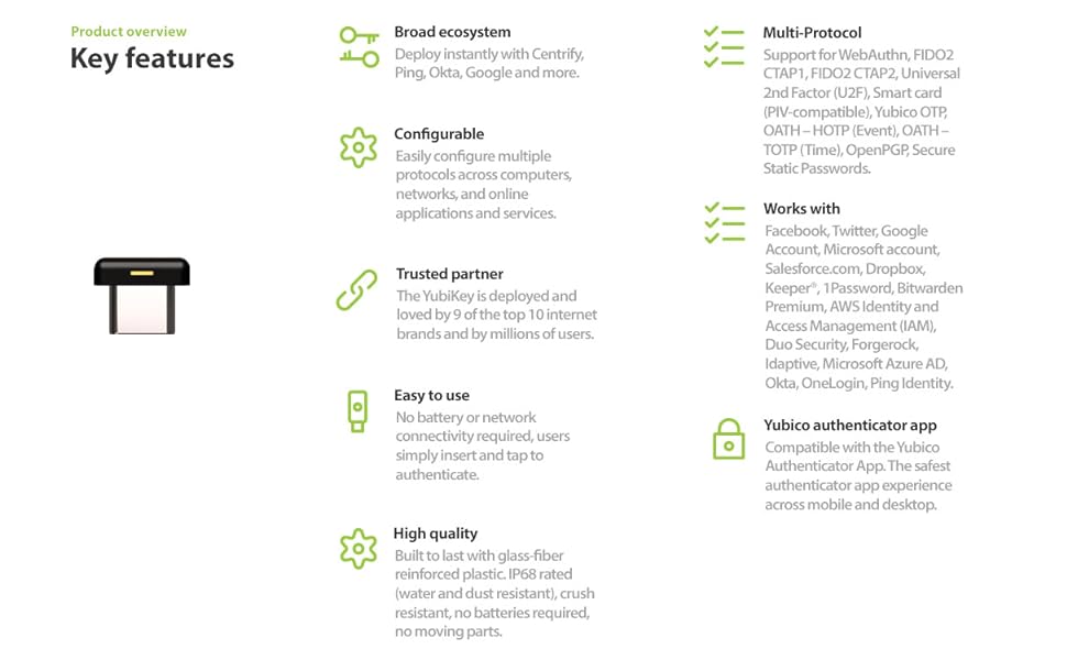 A list of key features including wireless support, durability, and more