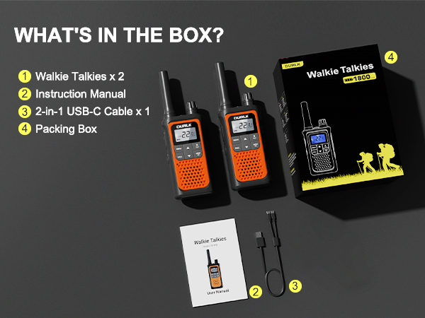 The package includes 2 rechargeable walkie talkies charging cables adapters instructions and box