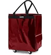 CIMAZHEN (Medium,Red) Reusable Grocery Bag on Wheels, Foldable Rolling Tote Bag with 3 Handles an...