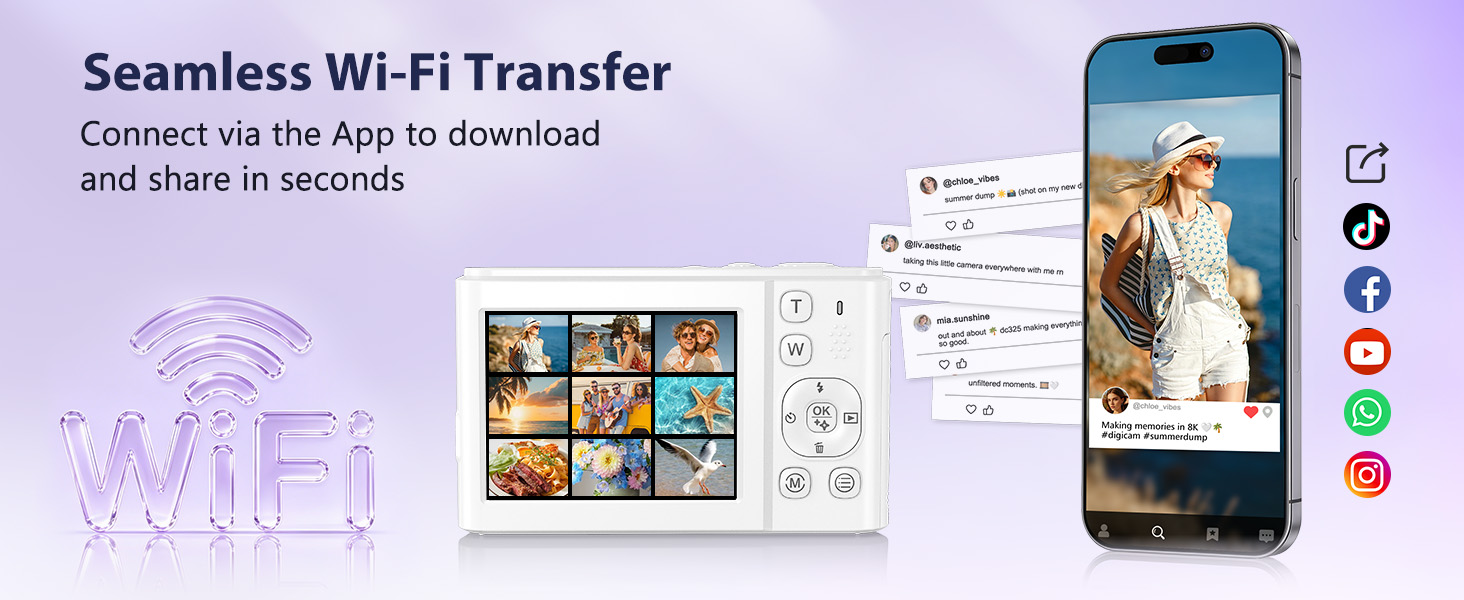 WiFi digital camera for transferring photos and videos to a phone through the app