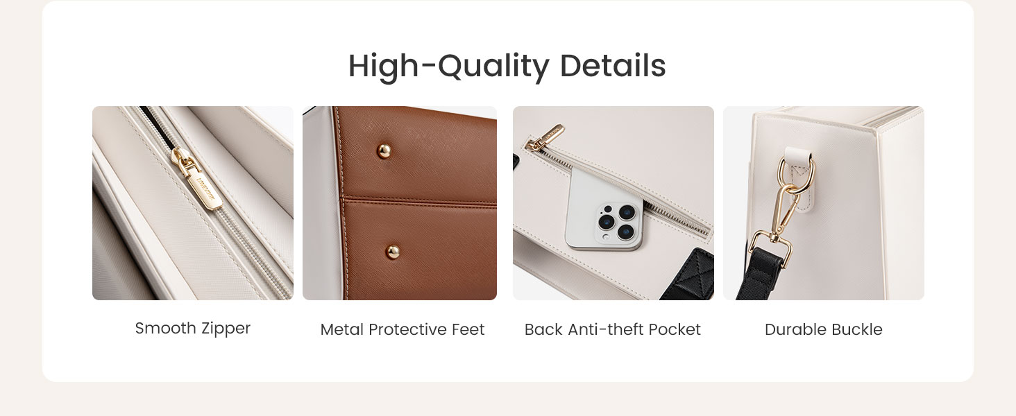 High quality tote bag with smooth zipper, durable stitching and premium vegan leather material