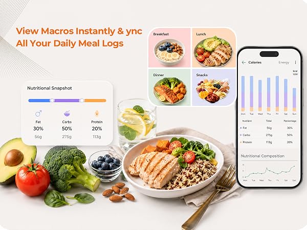 Smart food scale view real time macros sync daily meal logs via Fitdays App