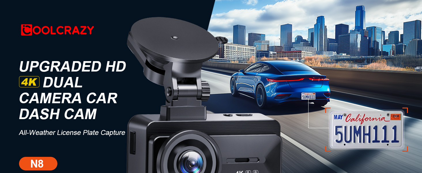 Dual-lens car dashboard camera with HD 4K resolution capability, shown against urban skyline backdrop. Features black housing and prominent display screen.