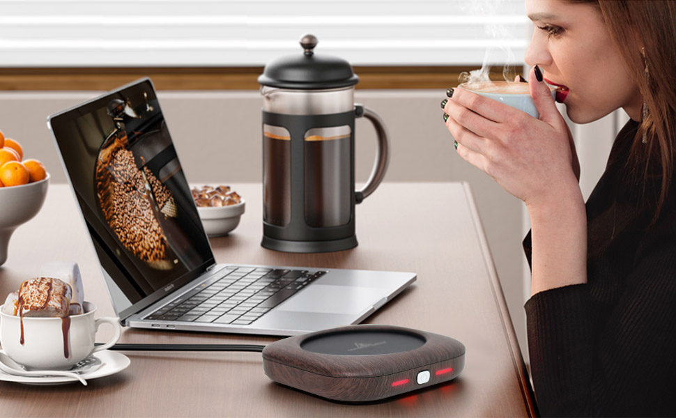 Series showing coffee or beverage preparation process using an electric brewing device on wooden surface with ceramic cups.