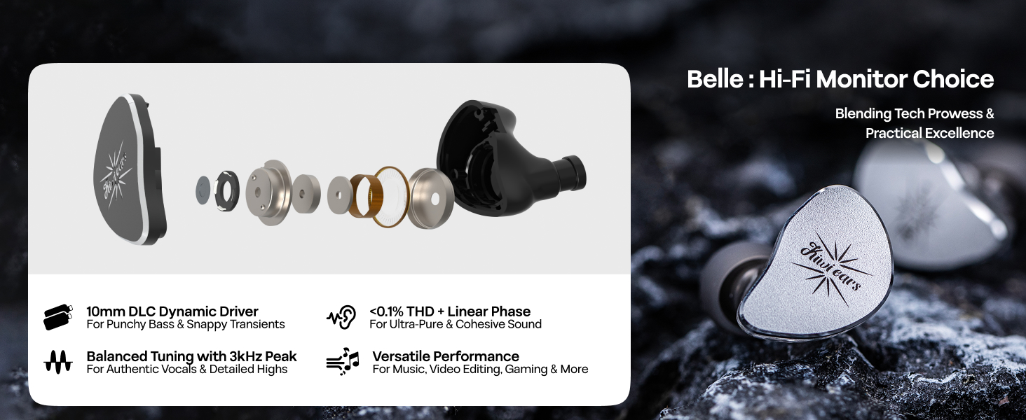 Linsoul Kiwi Ears Belle 10mm DLC Dynamic Driver in-Ear Monitor, HiFi Wired Earbuds