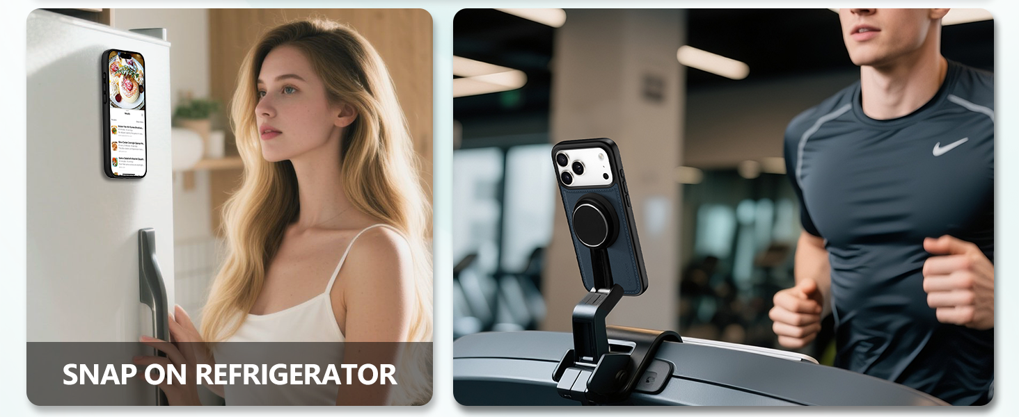 Text reads 'SNAP ON REFRIGERATOR'. Series of images showing mobile phone being attached to what appears to be a refrigerator surface.