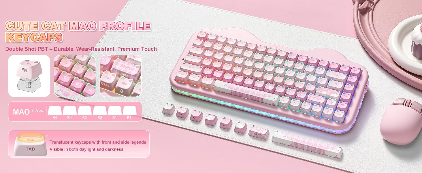 Pink-themed product layout featuring pink mechanical keyboard with gradient keycaps, cable, mouse, and decorative gaming peripherals. Japanese text visible on packaging in upper left corner describing product features.