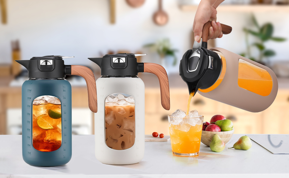 Glass Pitcher with Lid and Handle, Glass Carafe/Jug for Hot/Cold Water, Large Iced Tea Pitcher