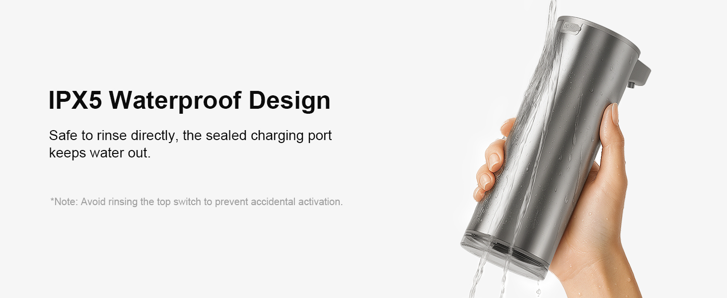 IPX5 waterproof soap dispenser safe near water, easy to rinse and protected charging port.