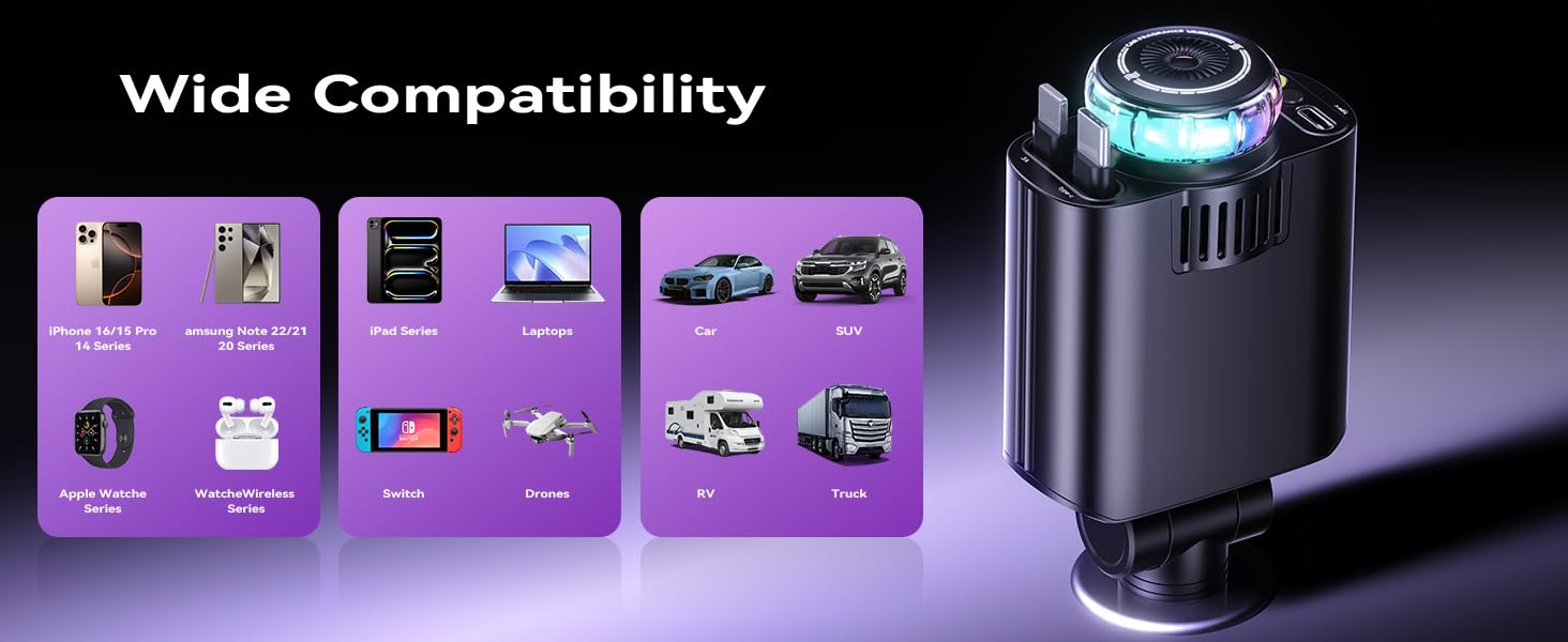 Retractable USB C Car Chargerwith 69W Fast Charging for iPhone 16 Aromatherapy and Starlight
