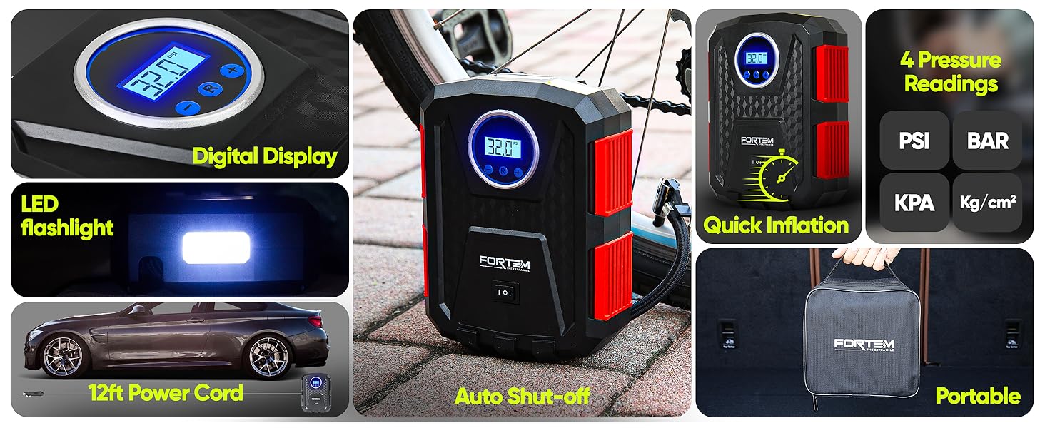 TIre inflator dimensions and features including digital display and LED lighting, compact, carry bag