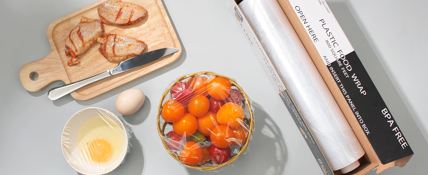 Plastic wrap on display with bowl of vegetables covered in wrap