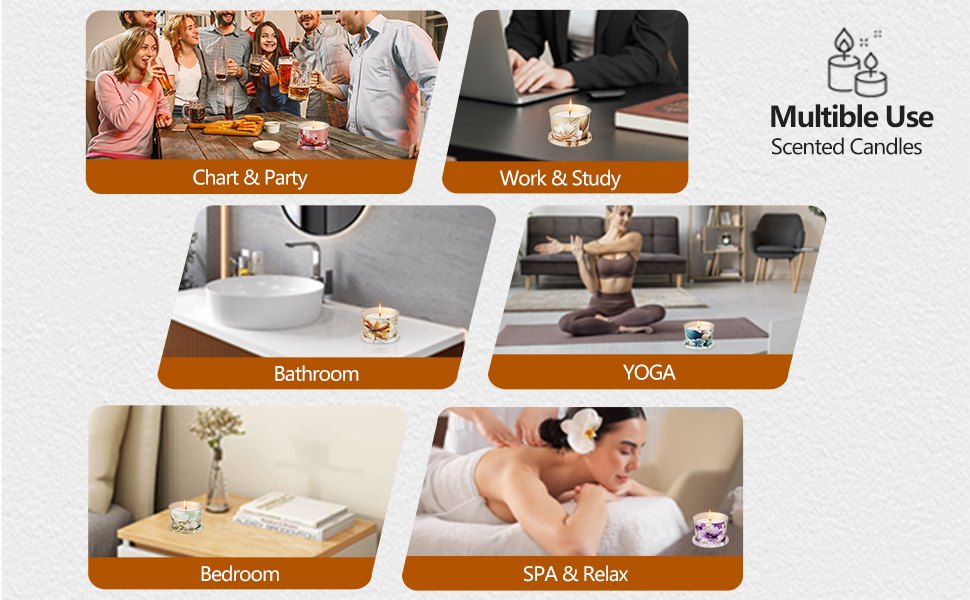 Text reads 'Multiple Use Scented Candles' with usage scenarios labeled: 'Chat &amp; Party', 'Work &amp; Study', 'Bathroom', 'YOGA', 'Bedroom', 'SPA &amp; Relax'. Images show candles in various settings.