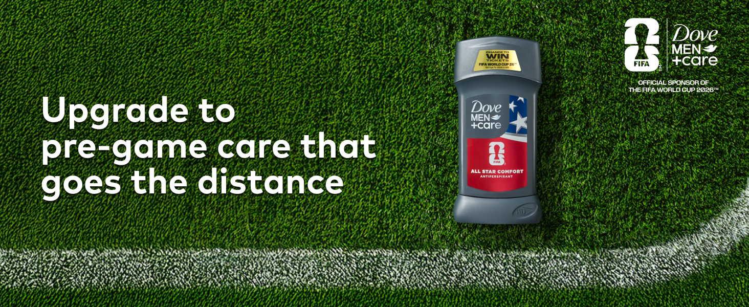 Top view of a soccer field with a Men+Care All Star Comfort Antiperspirant Stick, next to text.