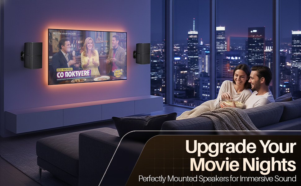 Cozy theater room with rears placed on rear speaker wall mount hardware to enhance surround effects.