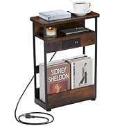 Narrow Side Table With Charging Station, 3-Tier End Table with 2 USB Ports &amp; Power Outlets,Thin S...