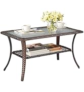 VINGLI Outdoor Coffee Table with Storage Wicker Patio Coffee Table, Tempered Glass Top Coffee Tab...