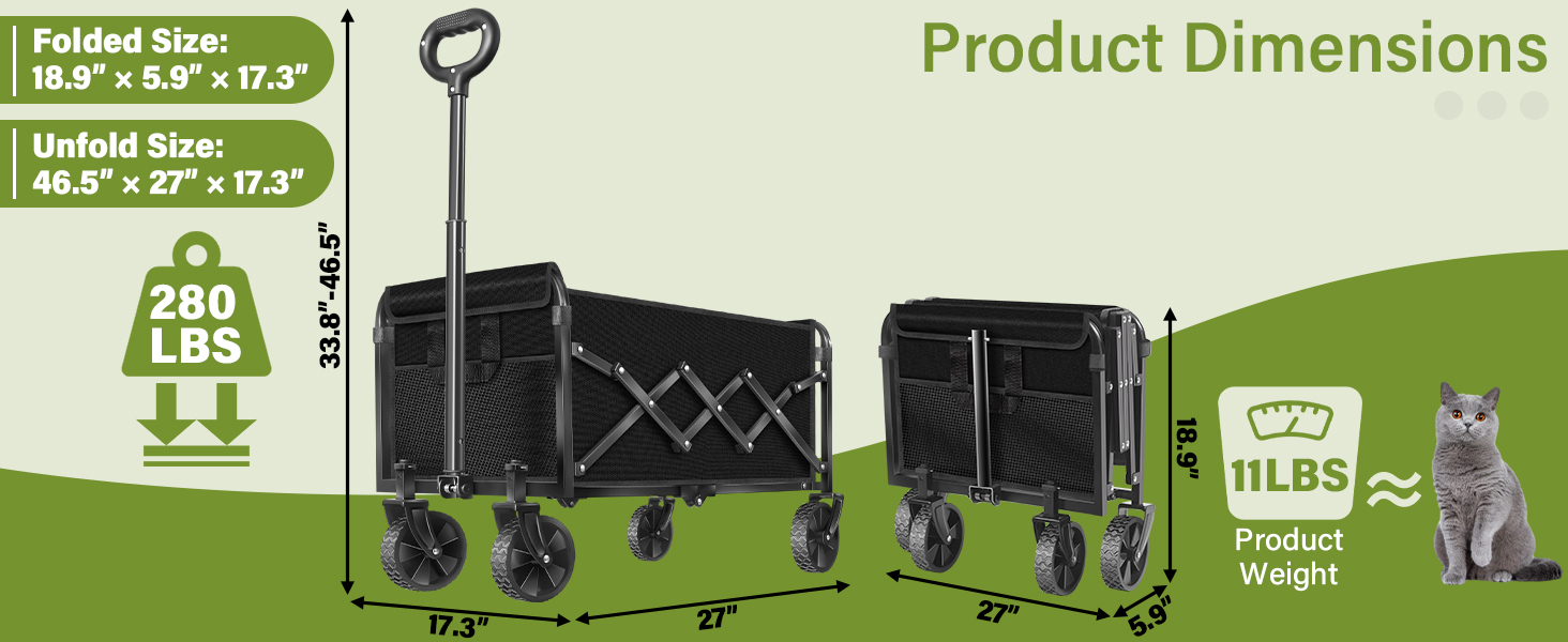 Folded: 18.9”x5.9”x17.3”. Unfolded: 46.5”x27”x17.3”. H: 33.8”-46.5”. Wt: 280 lbs.