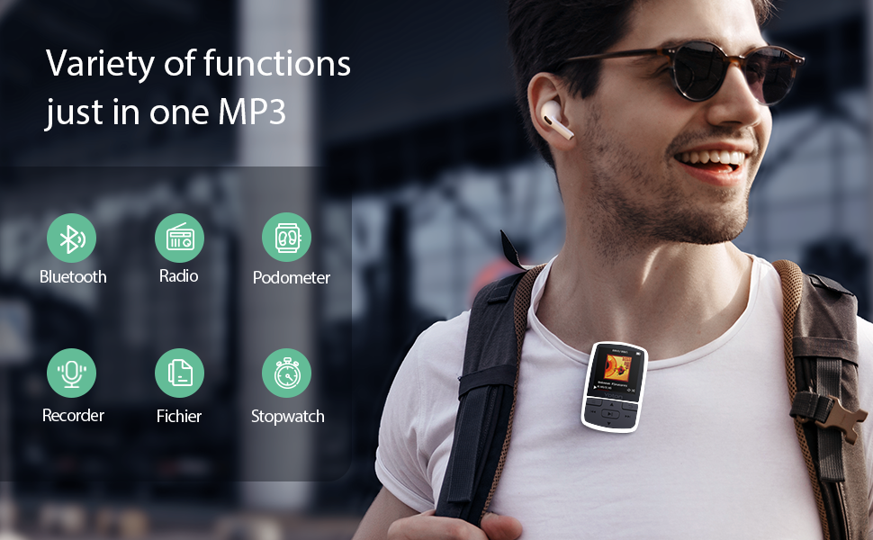 MP3 player interface showing multiple function icons including Bluetooth, radio, and recorder, with interface menu displayed.