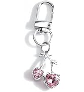 Cherry Keychain with Rhinestones Heart Shaped Key Ring Cute Bling Accessory for Girls &amp; Women