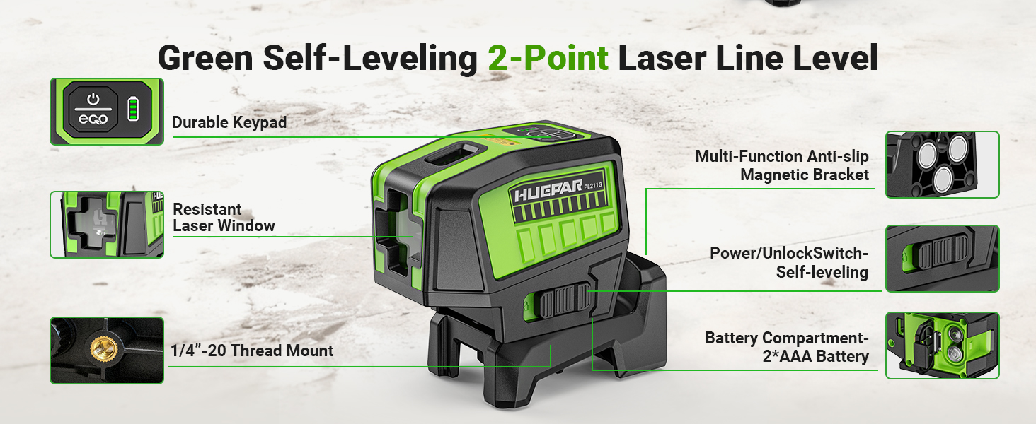 Huepar PL211G Laser Level with 2 Plumb Dots