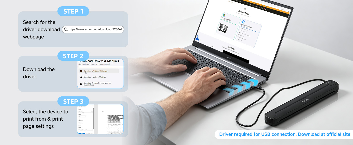 Connect the Arrvel ST80A thermal printer to a Windows, Mac, Chromebook, or Linux computer by USB.