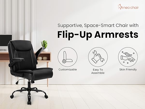 Supportive office chair with padded flip-up armrests