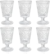 ZAVOOS Set of 6 Clear Glass Goblet, 12 Oz Vintage Romantic Wine Glasses, Embossed Floral Glass Cu...