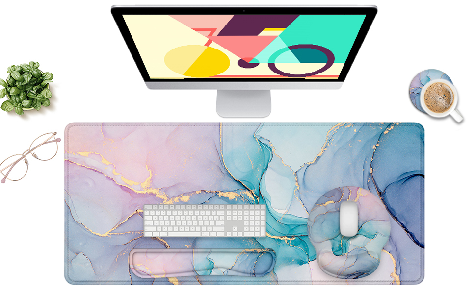 the package includes a 35.4''x15.7'' large mouse pad, wrist rest set and a coaster