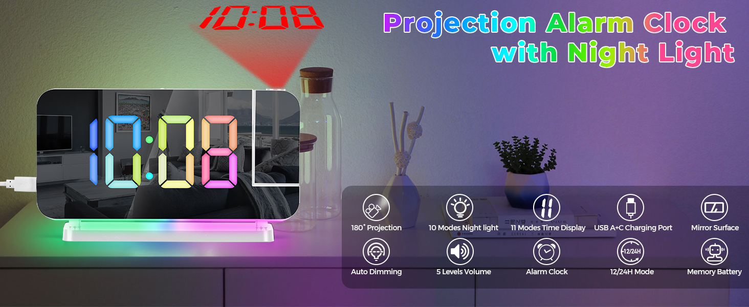 Projection led mirror digital alarm clock with rgb night light