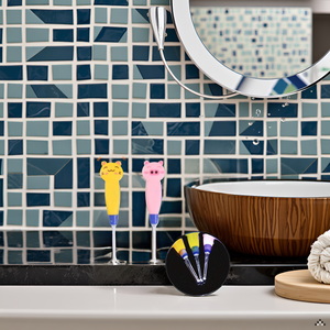 A close-up view of the product resting on a wooden surface, surrounded by scattered cotton swabs and