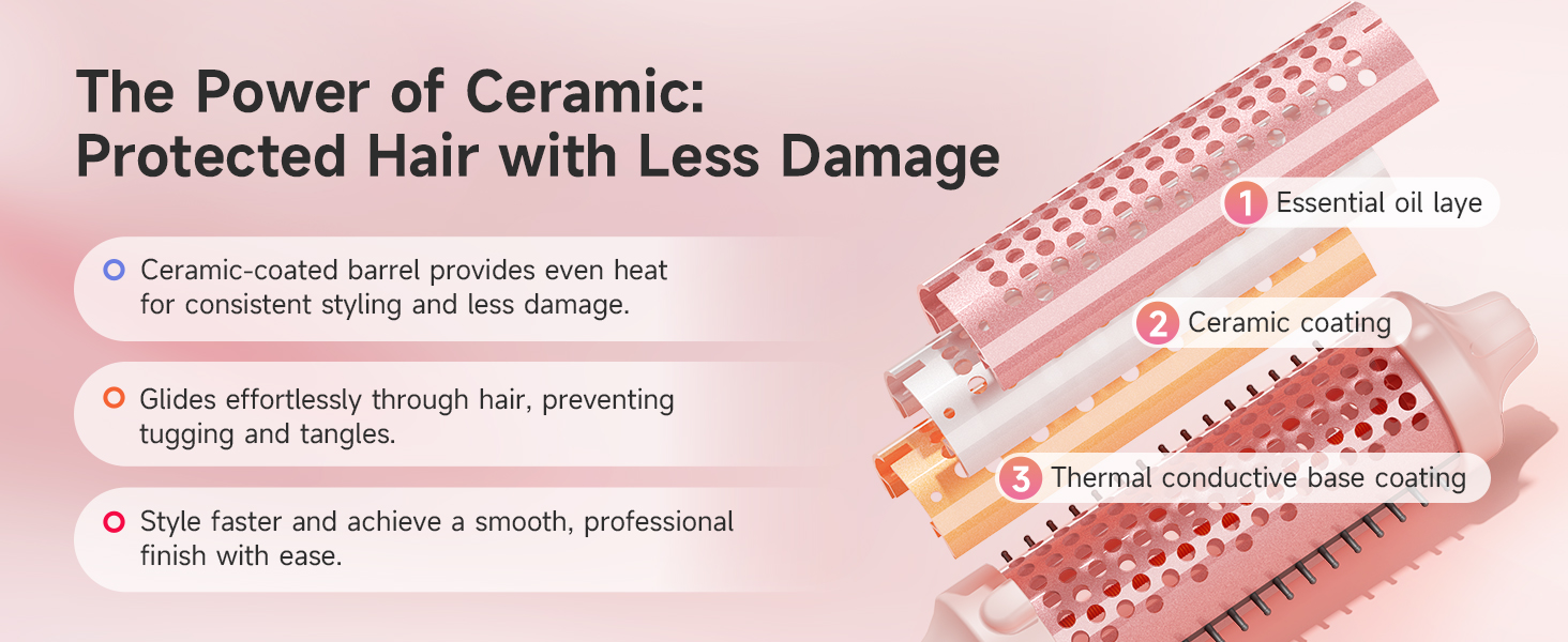 Ceramic-coated barrel provides even heat, glides smoothly to prevent tugging,reduces hair damage