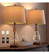 OYEARS Bedside Table Lamps Set of 2 with USB, Modern Bedside Lamps Retro Farmhouse Rattan Glass N...