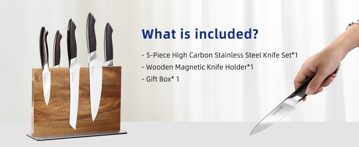 kitchen knife set with a wooden magnetic knife holder
