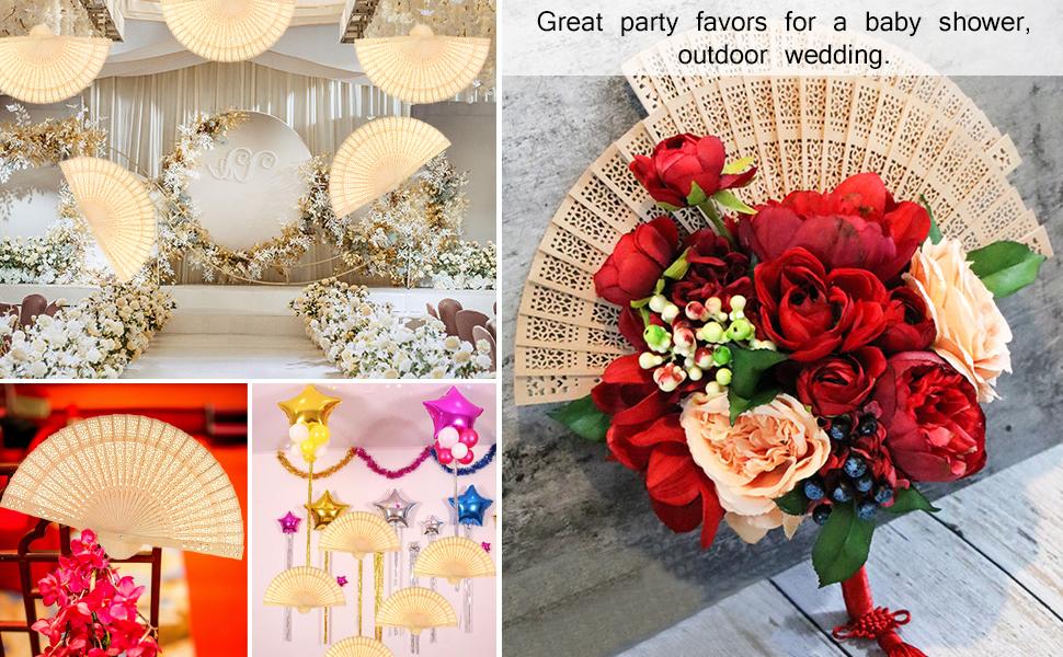 Wooden fans are great party favors for a baby shower, outdoor wedding.