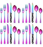 Rainbow Silverware Set For 4 With Steak Knives Stainless Steel Flatware 24 Piece Colorful Tablewa...
