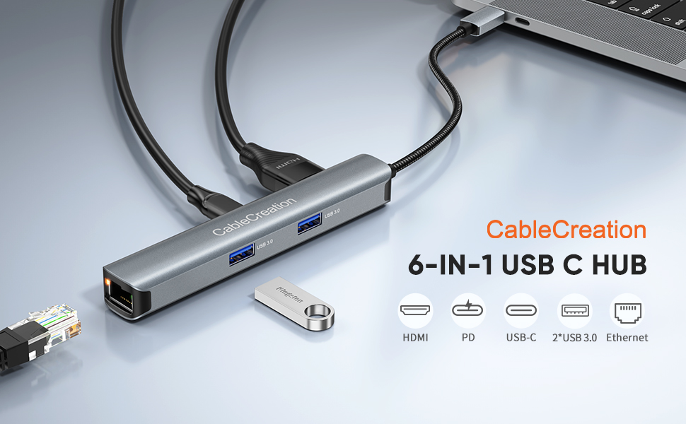 CableCreation 6-IN-1 USB-C Hub, 4k60HZ, 1Gbps Ethernet, 100W PD, USB-C data, 2 USB 3.0 Ports
