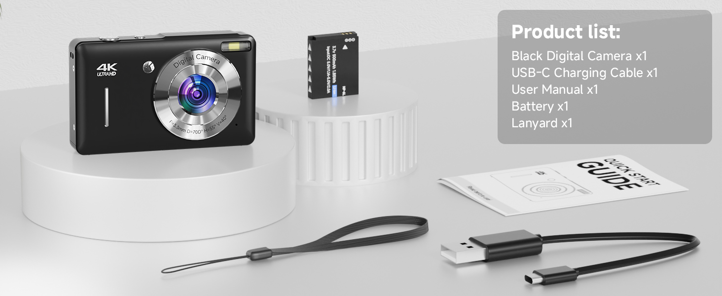 package include Black Digital Camera x1 USB-C Charging Cable x1 User Manual x1 Battery x1Lanyard x1