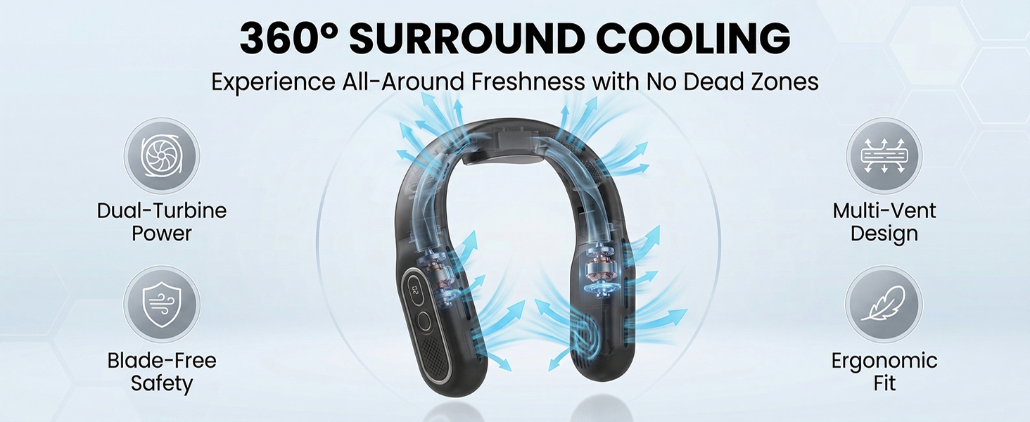 Neck Fan, Portable Personal Fan Strong Wind, 4000mAh, Air Volume,360° Cooling, No Hair Twisting
